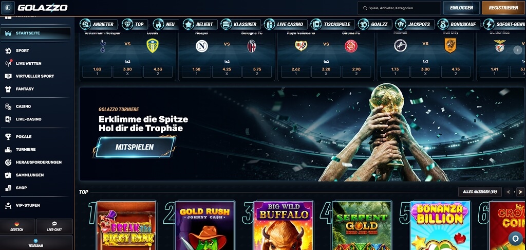 Golazzo Casino DE-Benutzeroberfläche